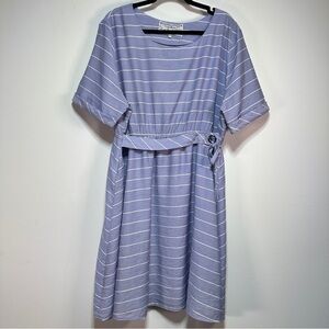 Pink Martini Blue White Striped A-Line Dress 1X Belted Coastal Nautical Midi